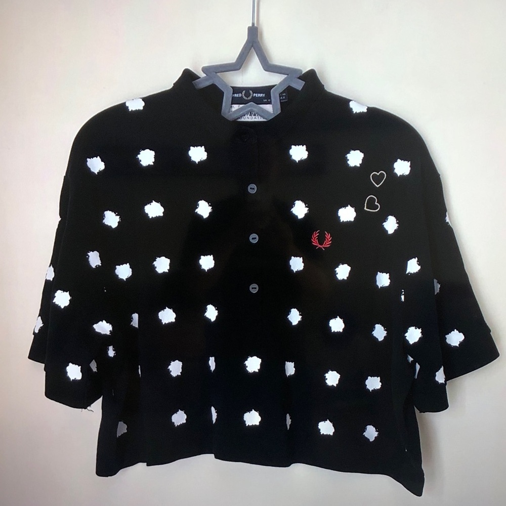 Fred Perry Black Polka Dot Cropped Button-Front Blazer with Red Laurel